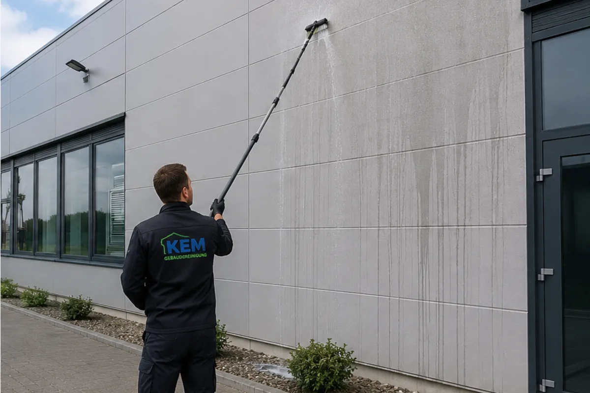 Professionelle Reinigung einer großflächigen Gewerbefassade
