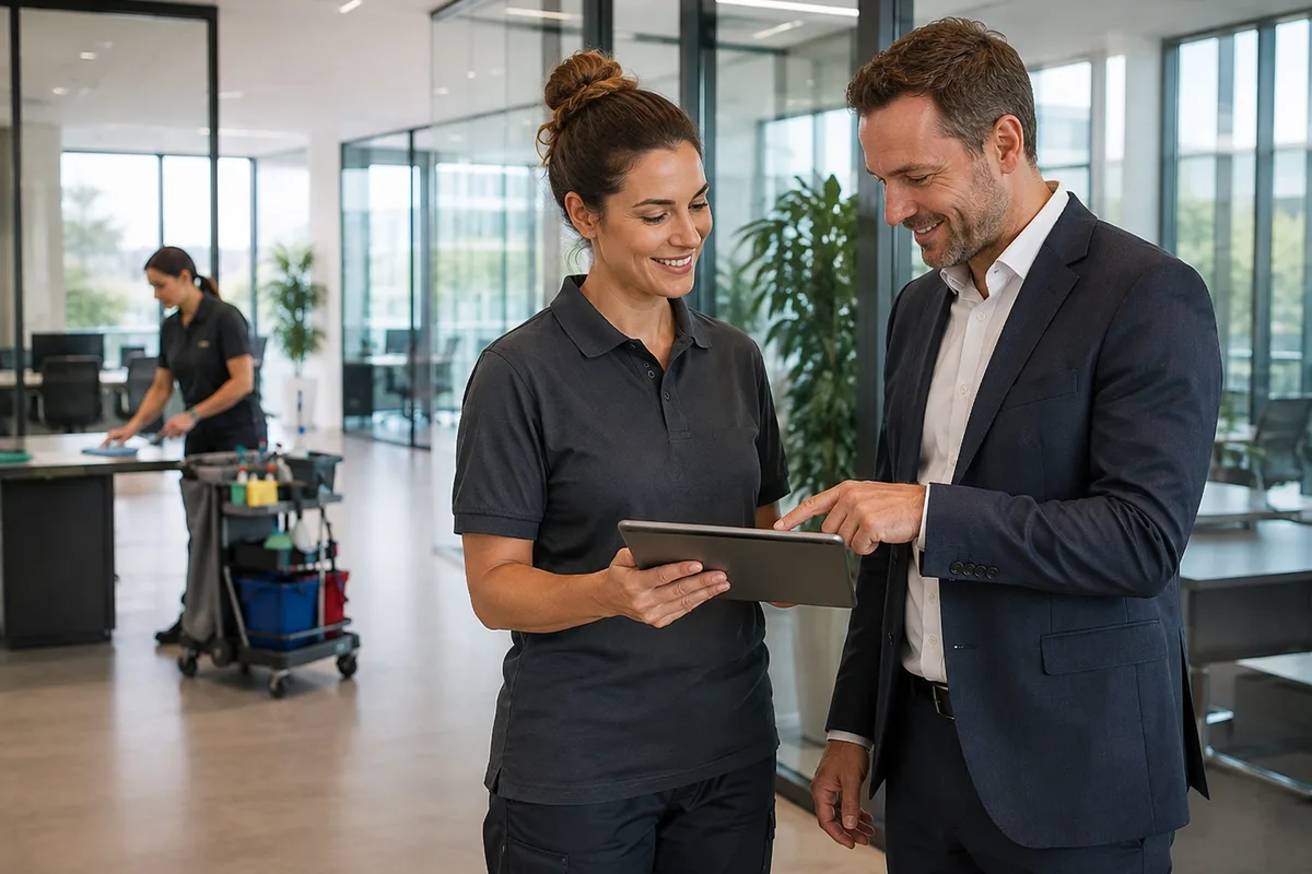 Abstimmung zwischen Reinigungskraft und Kunde in einem modernen Büro