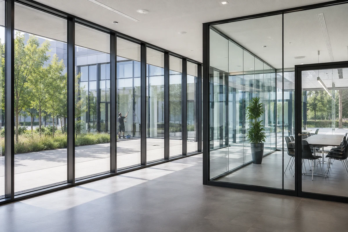 Professionelle Glasreinigung an einer großen Glasfassade