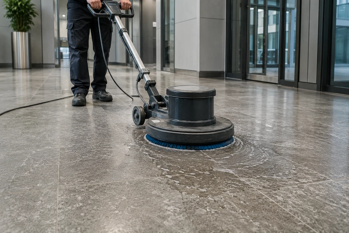 Intensive maschinelle Grundreinigung einer Bodenfläche