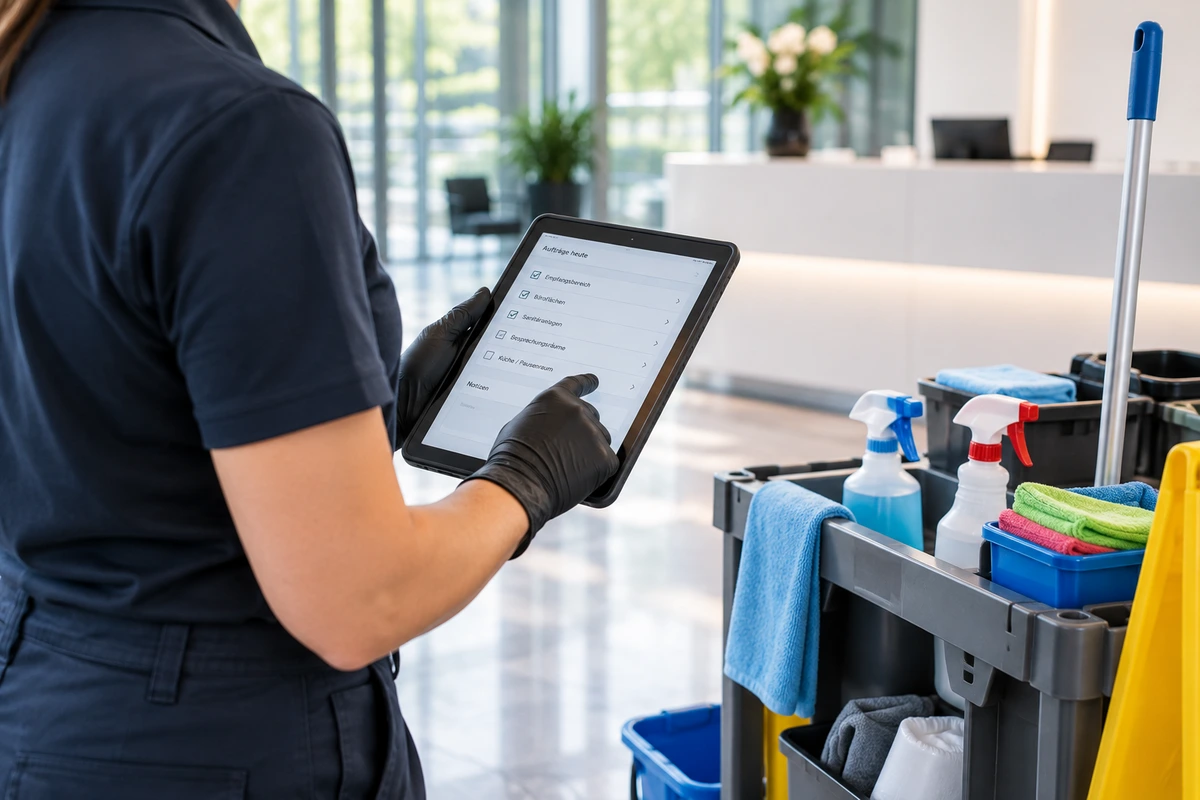Tablet und Reinigungsequipment bei der Auftragsabstimmung